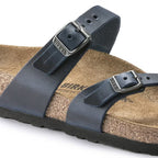 Sandalias Birkenstock Mayari Oiled Leather Blue, detalle del material y hebilla