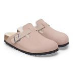Zuecos Birkenstock Boston Teddy Corduroy Pink Clay, par completo en tres cuartos
