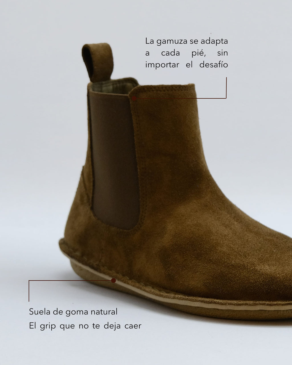 Botas y Botines VIBAe Helsinki Bosco Khaki, infografía con detalles del material y suela