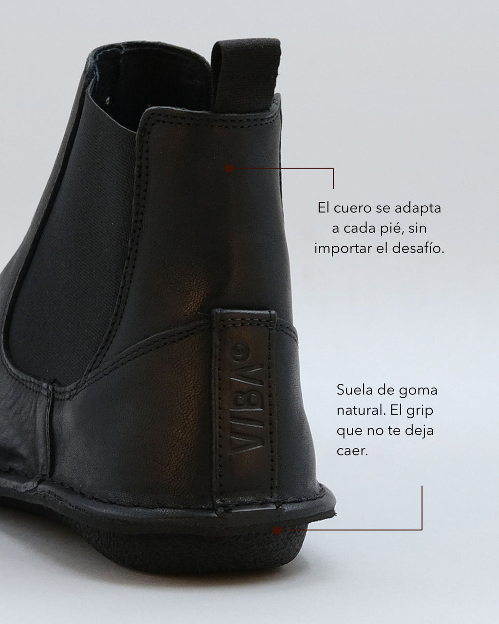 Botas y Botines VIBAe Helsinki Preto Black, detalle del talón con texto informativo