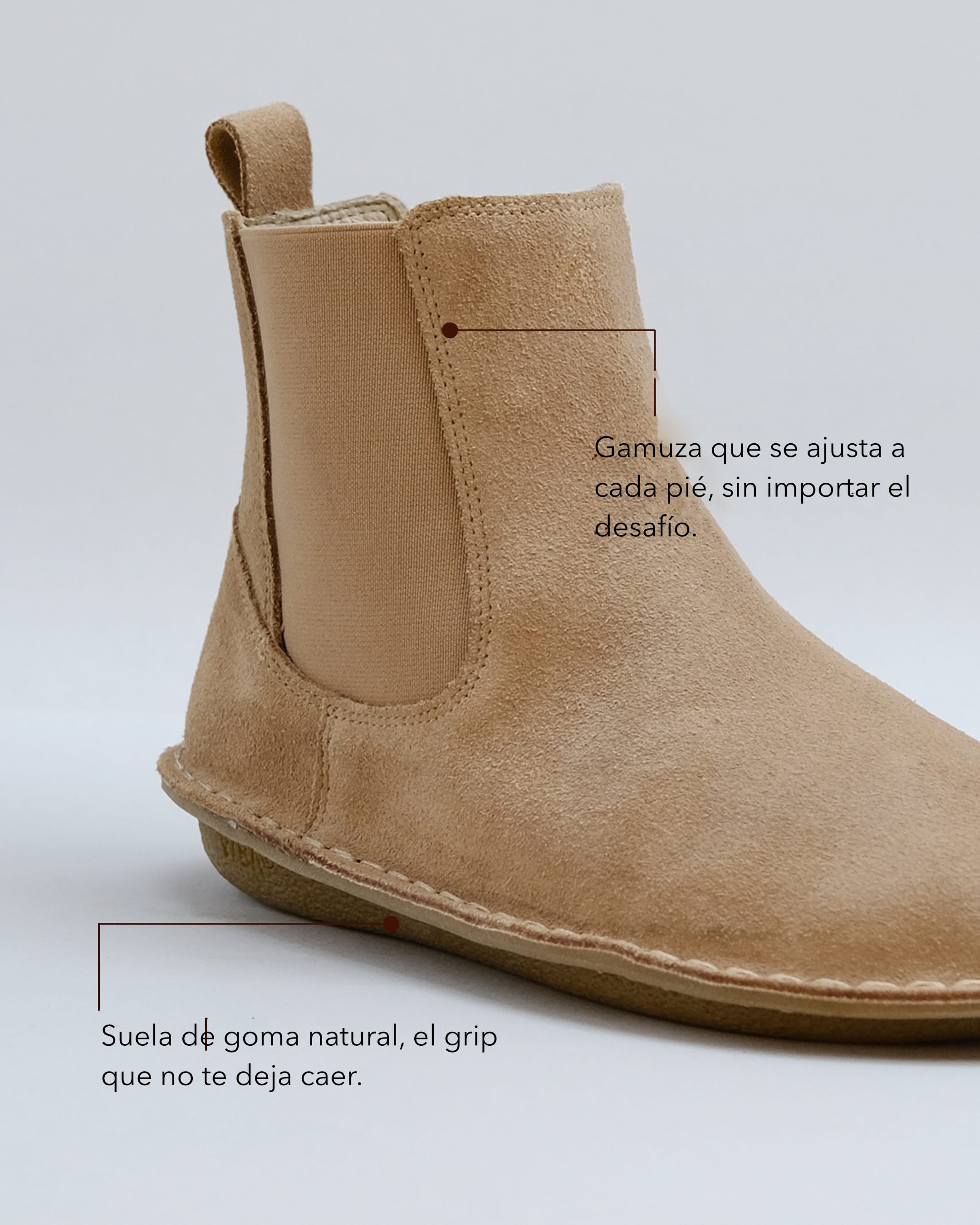 Botas y Botines VIBAe Helsinki Desert Sand, detalle del material con texto informativo