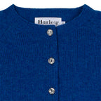 Sweater Harley of Scotland Cardigan Harley Mujer Sapphire, detalle del cuello y botones