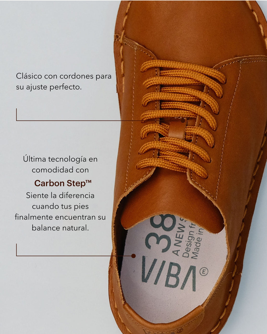 Zapatos VIBAe Lisboa Cognac Brown, detalle del cordón y la plantilla