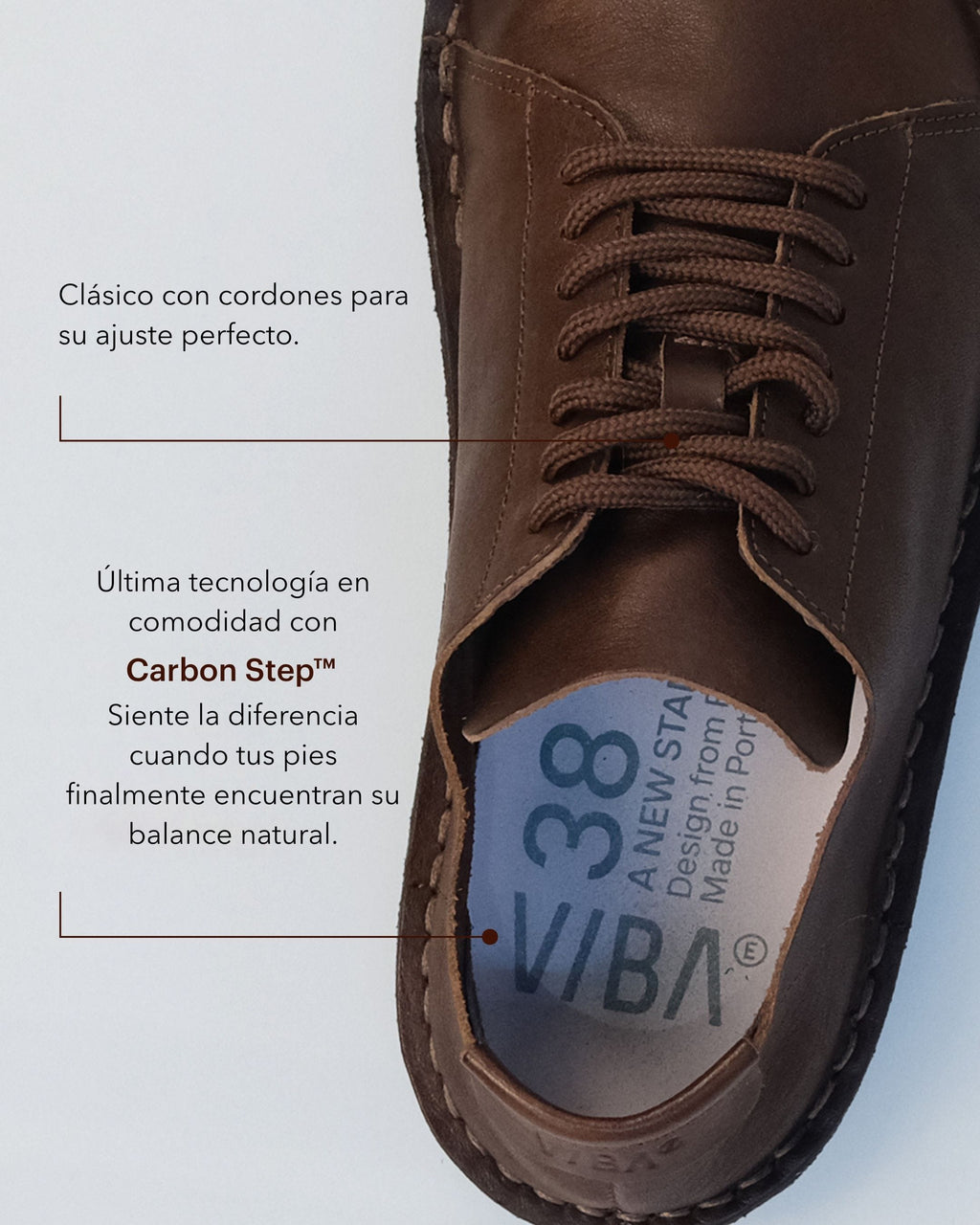 Zapatos VIBAe Lisboa Cocoa Brown, detalle de la plantilla con texto informativo