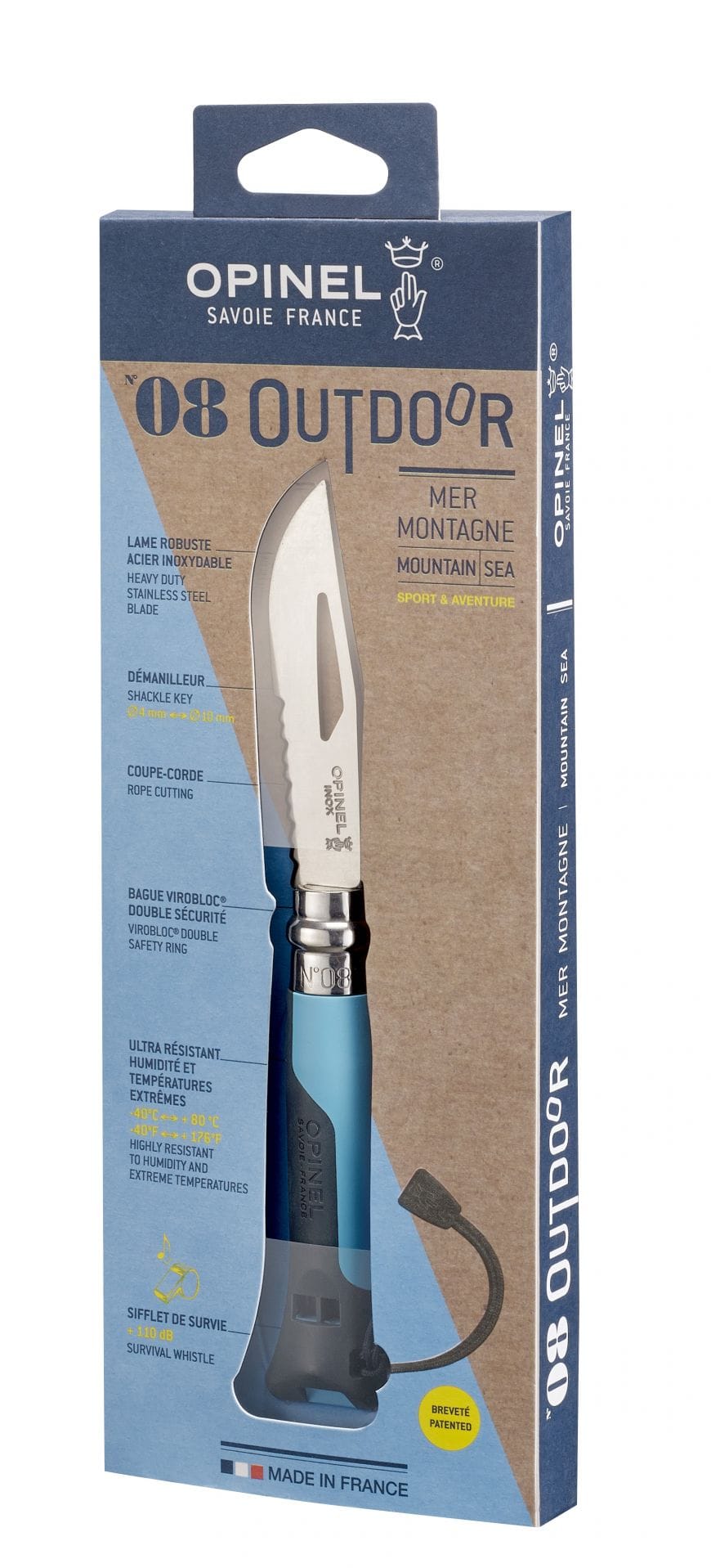 Cuchillo Opinel N°08 Outdoor Celeste - vista 5, empaque del producto
