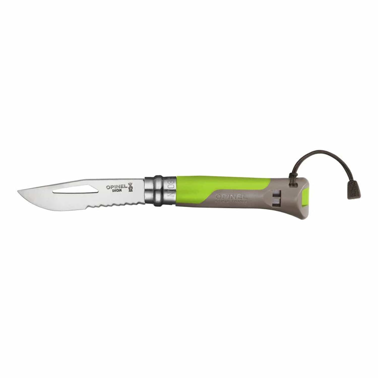 Cuchillo Opinel N°8 Outdoor Tierra/Verde - vista 1, vista abierta de la hoja, fondo blanco