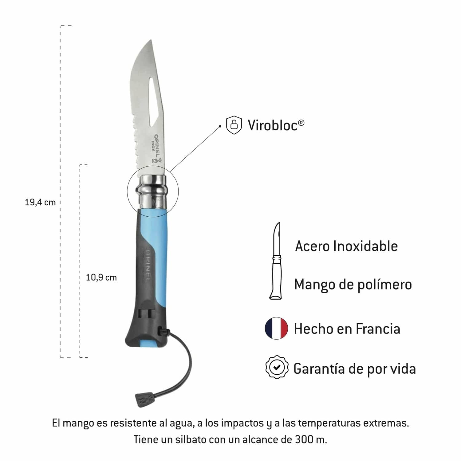 Cuchillo Opinel N°08 Outdoor Celeste - vista 3, infografía de especificaciones técnicas