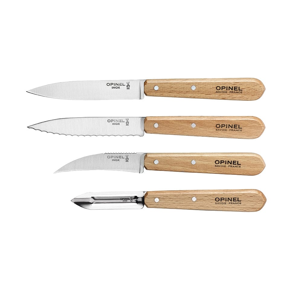 Set Les Essentiels Opinel - vista 8, los 4 cuchillos alineados, fondo blanco