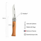 Cuchillo Opinel N°9 Carbon Steel - vista 3, infografia de dimensiones y materiales