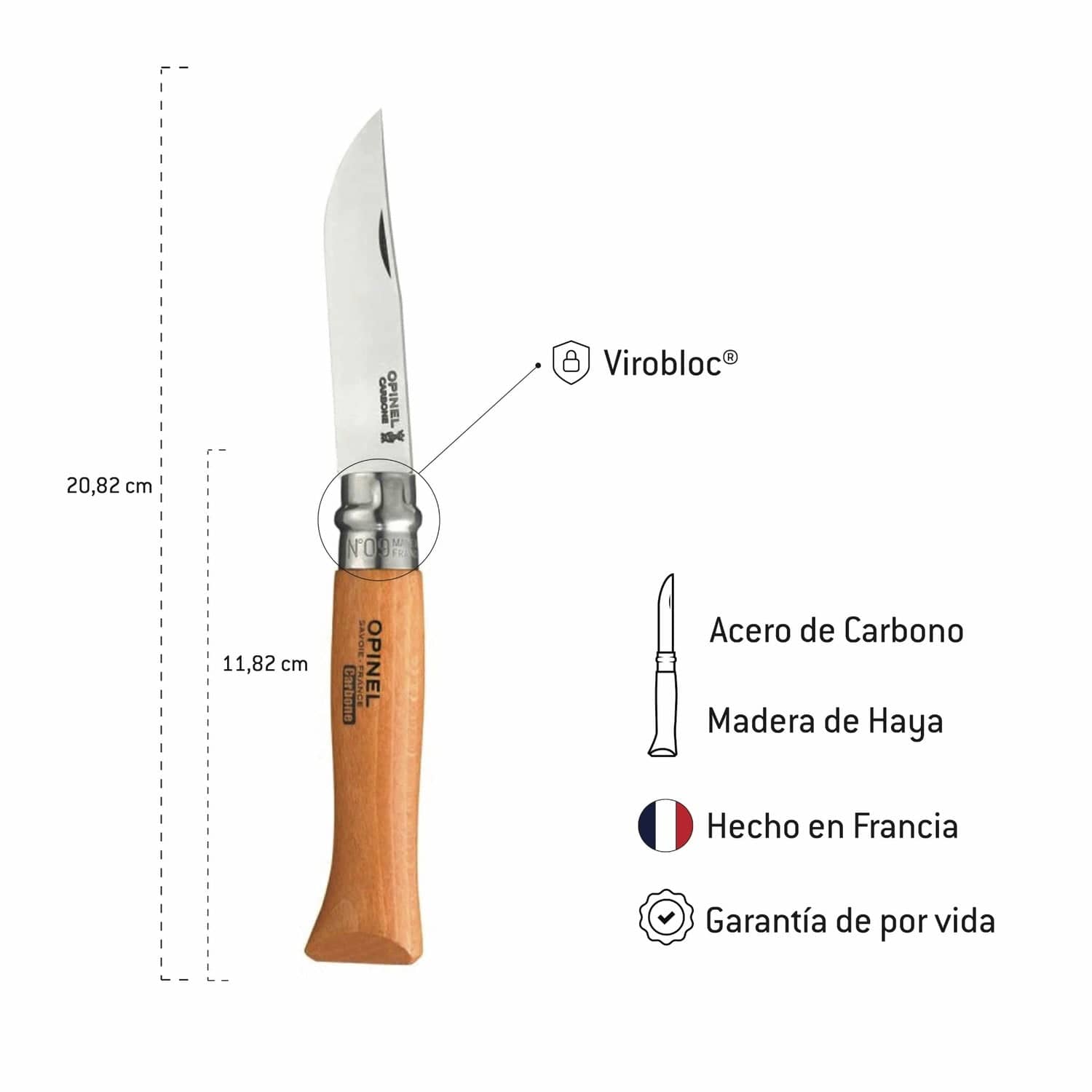 Cuchillo Opinel N°9 Carbon Steel - vista 3, infografia de dimensiones y materiales