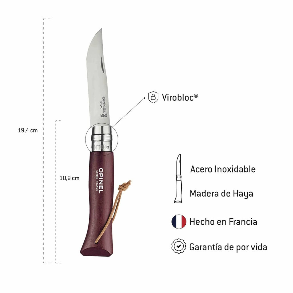 Cuchillo Opinel N°08 Granate con lazo de cuero - vista 3, infografía con especificaciones técnicas
