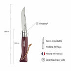 Cuchillo Opinel N°08 Granate con lazo de cuero - vista 3, infografía con especificaciones técnicas