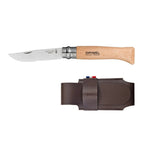 Cuchillo Opinel N°8 con funda de cuero natural - vista 1, cuchillo abierto junto a funda de cuero