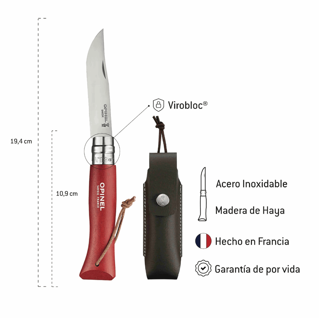 Cuchillo Opinel N°8 Trekking rojo con funda - vista 3, cuchillo abierto con funda, dimensiones y características