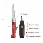 Cuchillo Opinel N°8 Trekking rojo con funda - vista 3, cuchillo abierto con funda, dimensiones y características