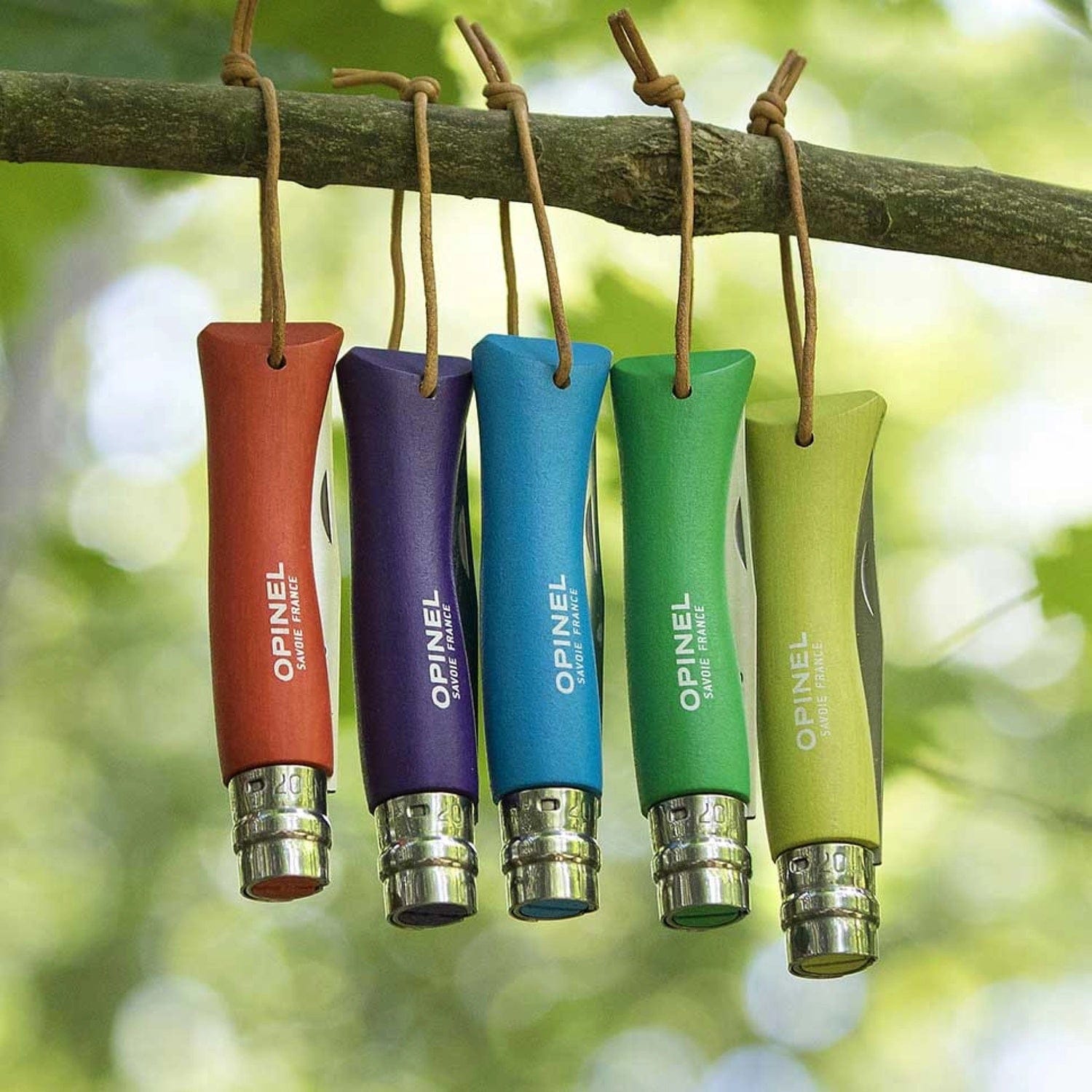 Cuchillo Opinel Trekking N°06 Morado - vista 3, varios cuchillos colgados de una rama, estilo de vida