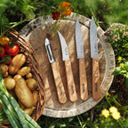 Set Les Essentiels Opinel - vista 2, los 4 cuchillos sobre tabla con verduras