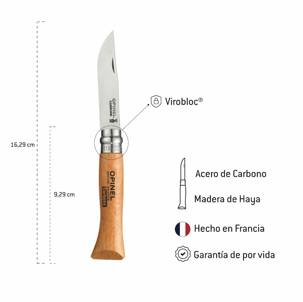 Cuchillo Opinel N°6 Carbon Steel - vista 3, infografía de especificaciones del cuchillo