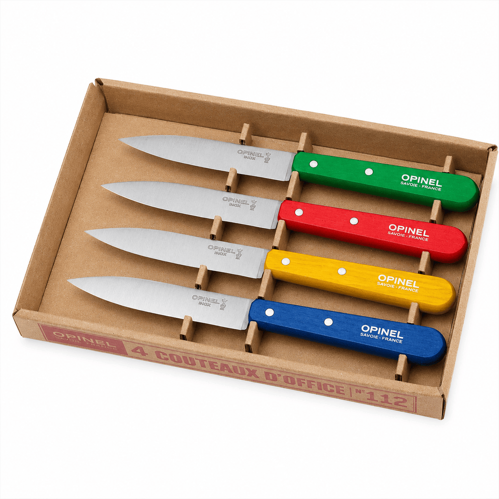 Set 4 cuchillos Opinel N°112 Classic - vista 3, empaque abierto con los cuatro cuchillos
