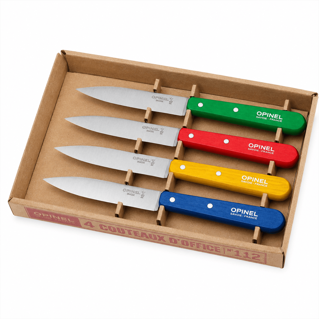 Set 4 cuchillos Opinel N°112 Classic - vista 3, empaque abierto con los cuatro cuchillos