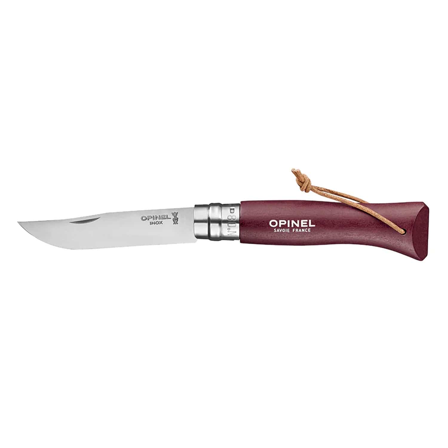 Cuchillo Opinel N°08 Granate con lazo de cuero - vista 1, vista abierta de la hoja