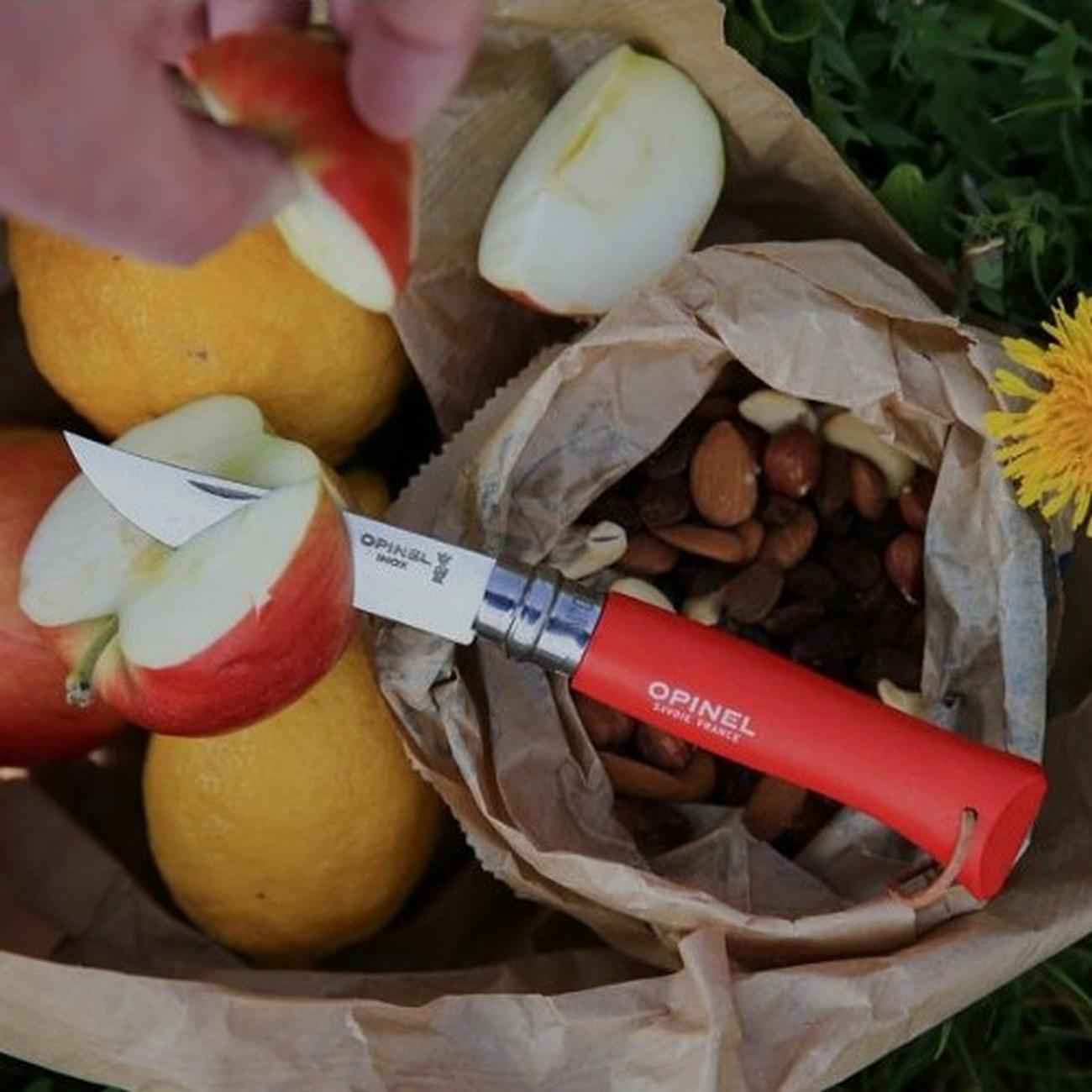 Cuchillo Opinel Trekking N°8 Rojo - vista 5, en uso, cortando fruta