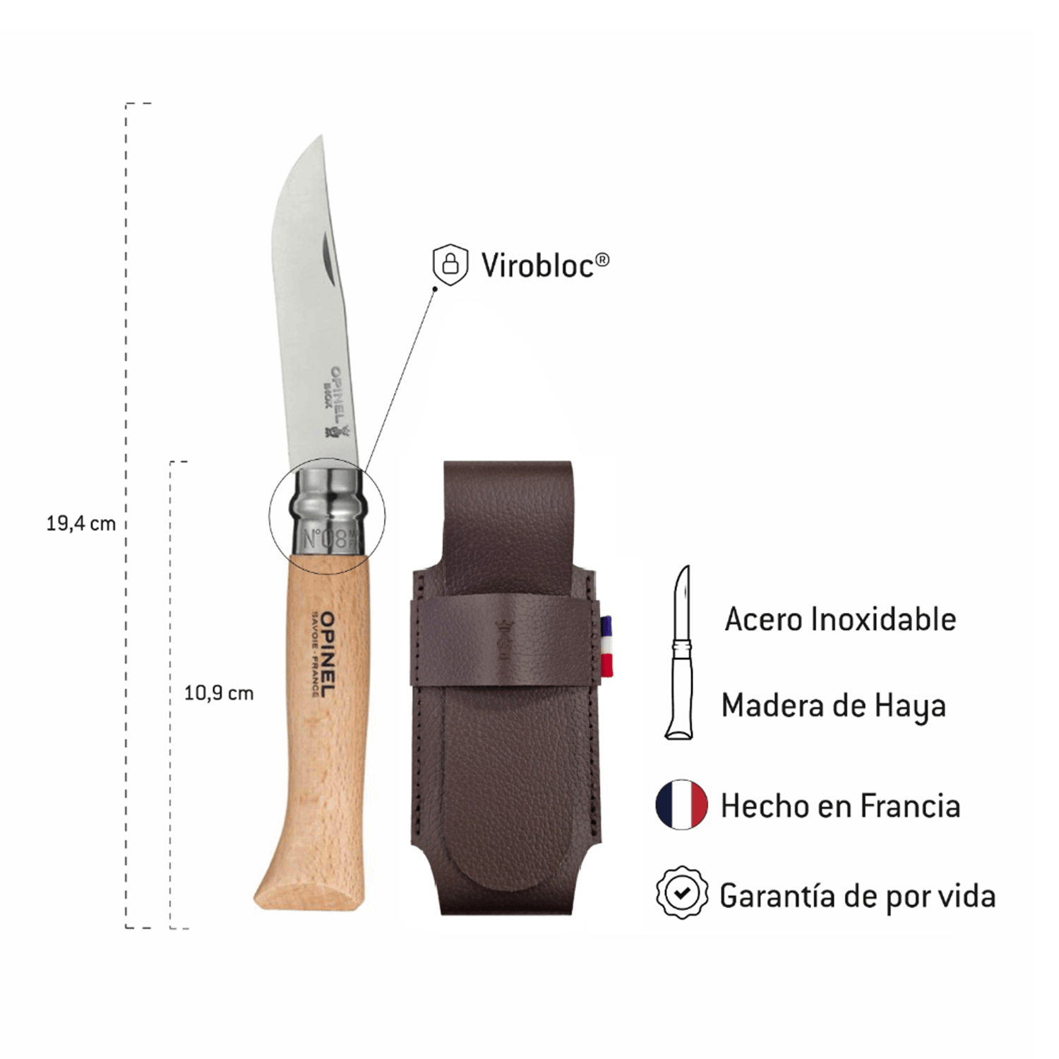 Cuchillo Opinel N°8 con funda de cuero natural - vista 3, infografía comparativa de tamaños