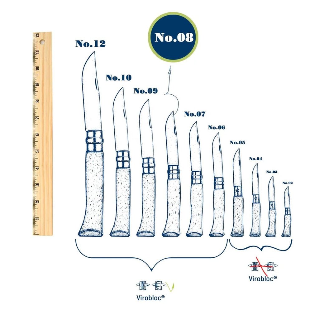 Cuchillo Opinel N°8 con funda de cuero natural - vista 7, infografía de especificaciones técnicas