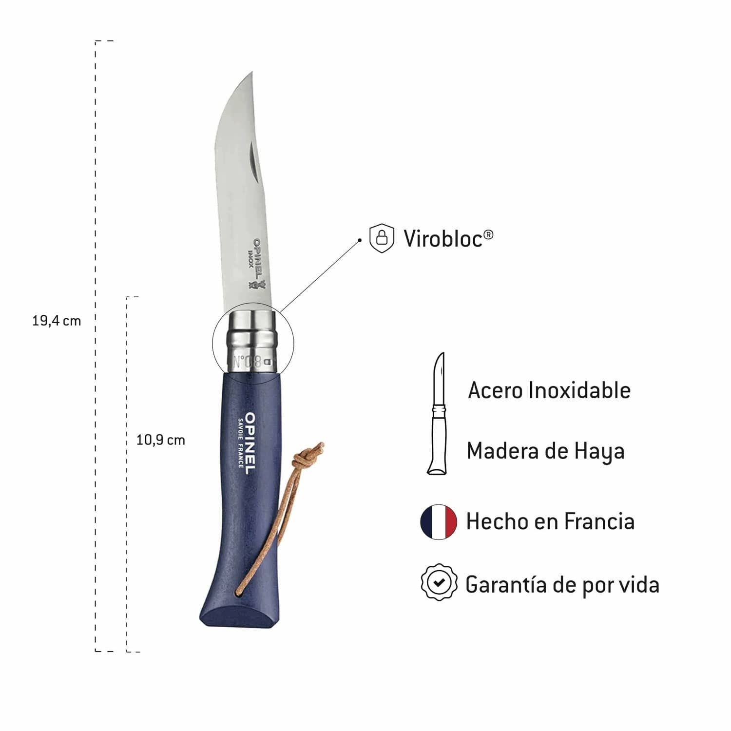 Cuchillo Opinel Trekking N°8 Azul - vista 4, infografía con especificaciones técnicas