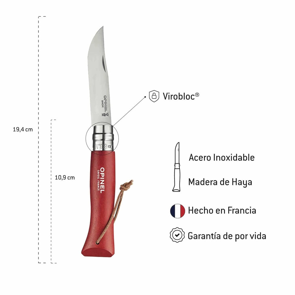 Cuchillo Opinel Trekking N°8 Rojo - vista 3, infografía con especificaciones técnicas