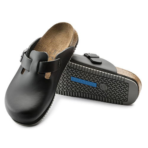 Zuecos Birkenstock Boston Super Grip Black, par completo con vista de la suela