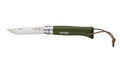 Cocina Opinel CUCHILLO TREKKING N°8 VERDE OLIVO, vista de perfil, cuchillo abierto