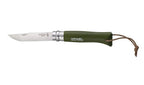 Cocina Opinel CUCHILLO TREKKING N°8 VERDE OLIVO, vista de perfil, cuchillo abierto